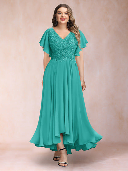 Robe de Soirée Trapèze/Princesse, Col en V, Manches Courtes, Longue, Grande Taille avec Applications