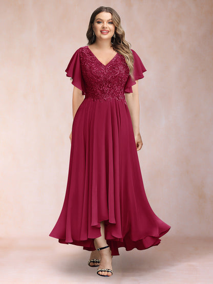 Robe de Soirée Trapèze/Princesse, Col en V, Manches Courtes, Longue, Grande Taille avec Applications