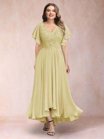 Robe de Soirée Trapèze/Princesse, Col en V, Manches Courtes, Longue, Grande Taille avec Applications