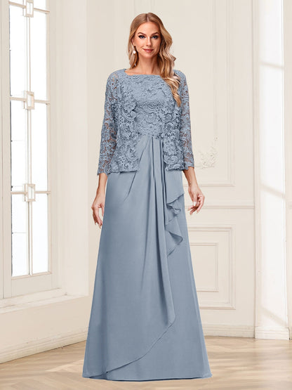 Robe Mère de la Mariée 2 Pièces en Mousseline de Soie et Dentelle, Col Carré, Manches 3/4 avec Appliques et Veste