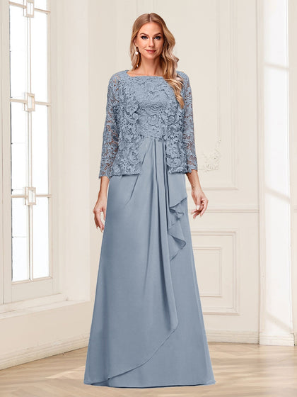 Robe Mère de la Mariée 2 Pièces en Mousseline de Soie et Dentelle, Col Carré, Manches 3/4 avec Appliques et Veste