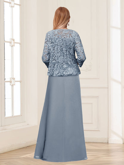 Robe Mère de la Mariée 2 Pièces en Mousseline de Soie et Dentelle, Col Carré, Manches 3/4 avec Appliques et Veste