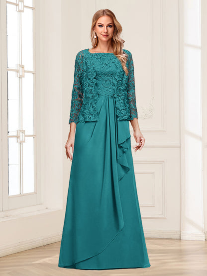 Robe Mère de la Mariée 2 Pièces en Mousseline de Soie et Dentelle, Col Carré, Manches 3/4 avec Appliques et Veste