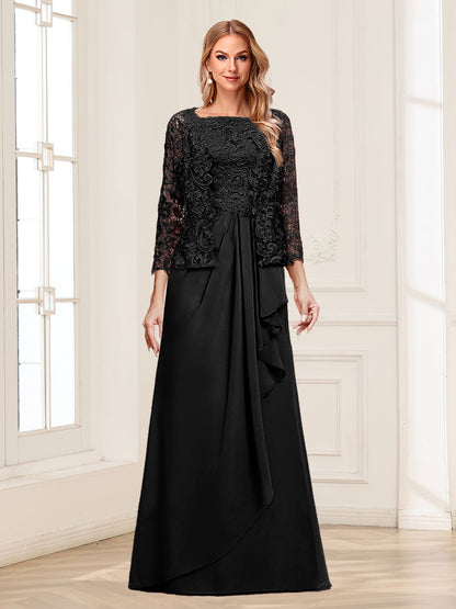 Robe Mère de la Mariée 2 Pièces en Mousseline de Soie et Dentelle, Col Carré, Manches 3/4 avec Appliques et Veste