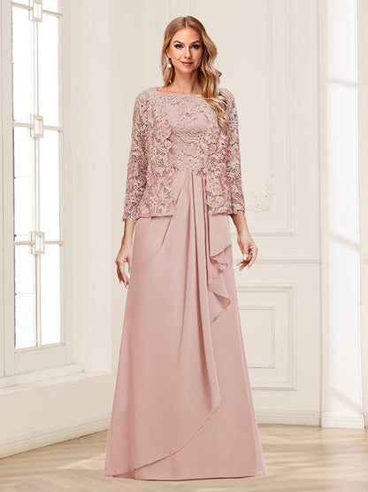 Robe Mère de la Mariée 2 Pièces en Mousseline de Soie et Dentelle, Col Carré, Manches 3/4 avec Appliques et Veste