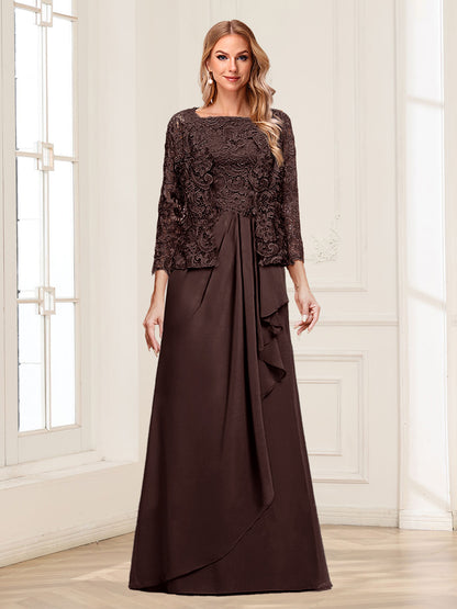 Robe Mère de la Mariée 2 Pièces en Mousseline de Soie et Dentelle, Col Carré, Manches 3/4 avec Appliques et Veste