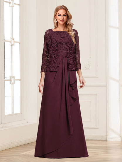 Robe Mère de la Mariée 2 Pièces en Mousseline de Soie et Dentelle, Col Carré, Manches 3/4 avec Appliques et Veste