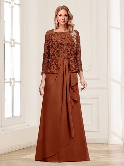 Robe Mère de la Mariée 2 Pièces en Mousseline de Soie et Dentelle, Col Carré, Manches 3/4 avec Appliques et Veste