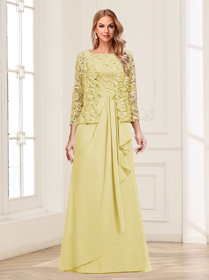 Robe Mère de la Mariée 2 Pièces en Mousseline de Soie et Dentelle, Col Carré, Manches 3/4 avec Appliques et Veste