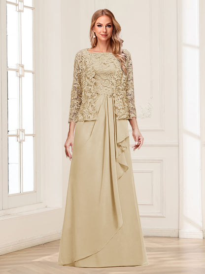 Robe Mère de la Mariée 2 Pièces en Mousseline de Soie et Dentelle, Col Carré, Manches 3/4 avec Appliques et Veste