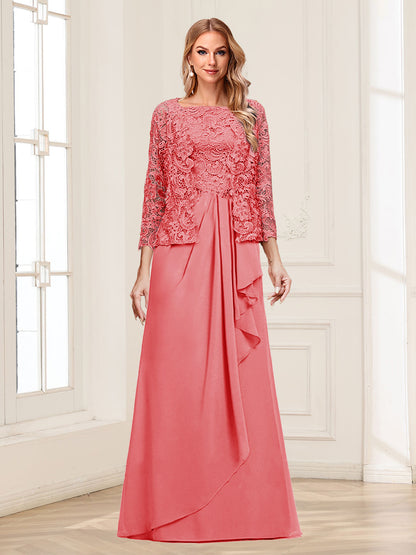 Robe Mère de la Mariée 2 Pièces en Mousseline de Soie et Dentelle, Col Carré, Manches 3/4 avec Appliques et Veste