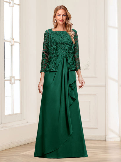 Robe Mère de la Mariée 2 Pièces en Mousseline de Soie et Dentelle, Col Carré, Manches 3/4 avec Appliques et Veste