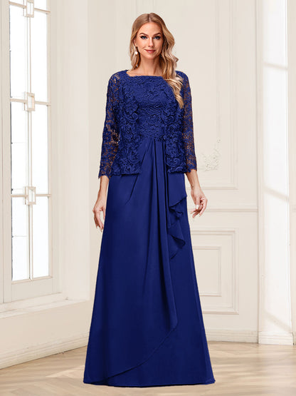 Robe Mère de la Mariée 2 Pièces en Mousseline de Soie et Dentelle, Col Carré, Manches 3/4 avec Appliques et Veste