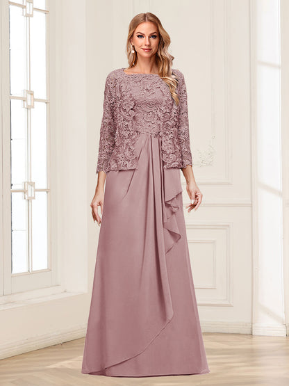 Robe Mère de la Mariée 2 Pièces en Mousseline de Soie et Dentelle, Col Carré, Manches 3/4 avec Appliques et Veste