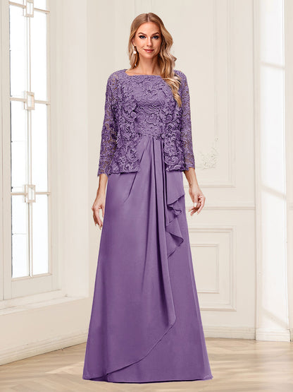 Robe Mère de la Mariée 2 Pièces en Mousseline de Soie et Dentelle, Col Carré, Manches 3/4 avec Appliques et Veste