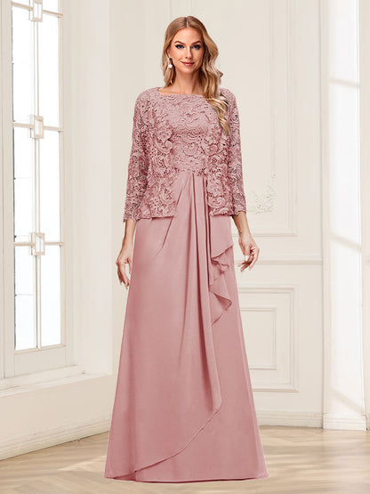 Robe Mère de la Mariée 2 Pièces en Mousseline de Soie et Dentelle, Col Carré, Manches 3/4 avec Appliques et Veste