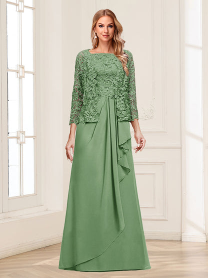 Robe Mère de la Mariée 2 Pièces en Mousseline de Soie et Dentelle, Col Carré, Manches 3/4 avec Appliques et Veste