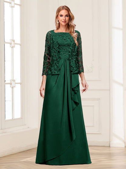 Robe Mère de la Mariée 2 Pièces en Mousseline de Soie et Dentelle, Col Carré, Manches 3/4 avec Appliques et Veste
