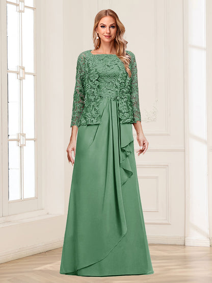 Robe Mère de la Mariée 2 Pièces en Mousseline de Soie et Dentelle, Col Carré, Manches 3/4 avec Appliques et Veste