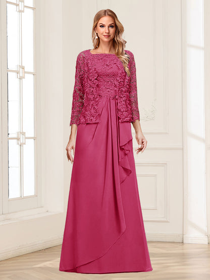 Robe Mère de la Mariée 2 Pièces en Mousseline de Soie et Dentelle, Col Carré, Manches 3/4 avec Appliques et Veste