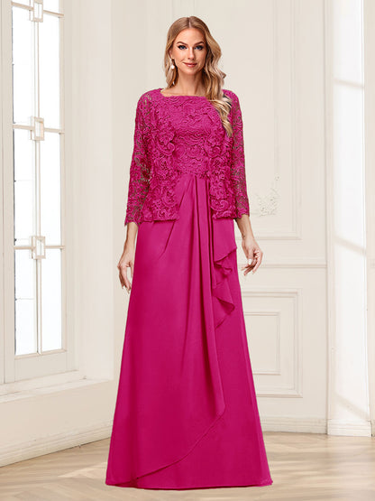 Robe Mère de la Mariée 2 Pièces en Mousseline de Soie et Dentelle, Col Carré, Manches 3/4 avec Appliques et Veste