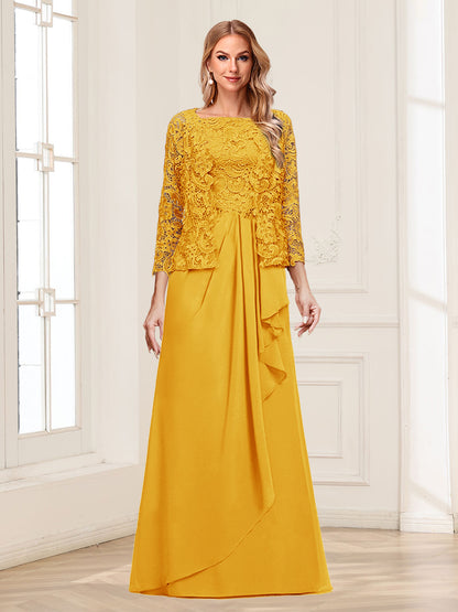 Robe Mère de la Mariée 2 Pièces en Mousseline de Soie et Dentelle, Col Carré, Manches 3/4 avec Appliques et Veste