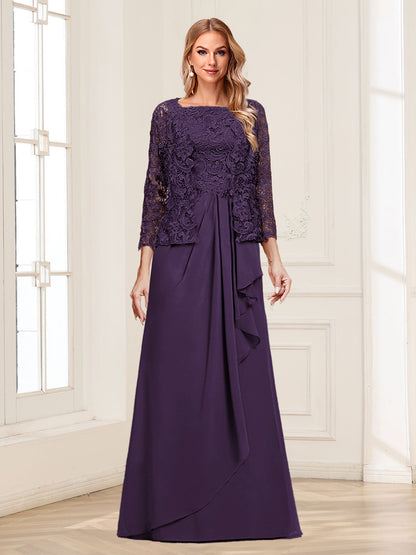 Robe Mère de la Mariée 2 Pièces en Mousseline de Soie et Dentelle, Col Carré, Manches 3/4 avec Appliques et Veste