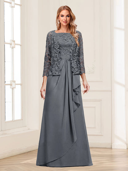 Robe Mère de la Mariée 2 Pièces en Mousseline de Soie et Dentelle, Col Carré, Manches 3/4 avec Appliques et Veste