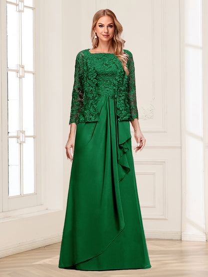 Robe Mère de la Mariée 2 Pièces en Mousseline de Soie et Dentelle, Col Carré, Manches 3/4 avec Appliques et Veste