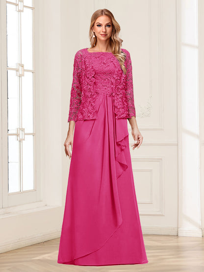 Robe Mère de la Mariée 2 Pièces en Mousseline de Soie et Dentelle, Col Carré, Manches 3/4 avec Appliques et Veste