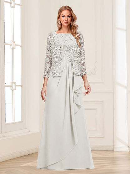Robe Mère de la Mariée 2 Pièces en Mousseline de Soie et Dentelle, Col Carré, Manches 3/4 avec Appliques et Veste