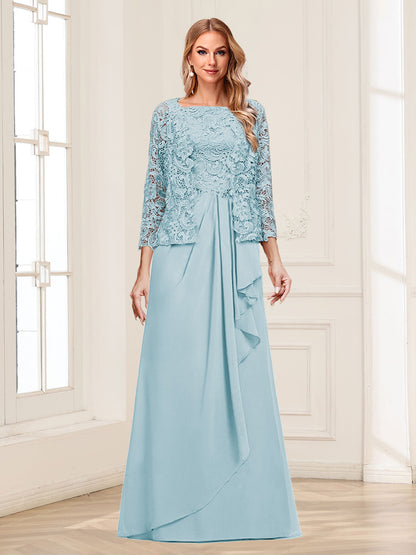 Robe Mère de la Mariée 2 Pièces en Mousseline de Soie et Dentelle, Col Carré, Manches 3/4 avec Appliques et Veste