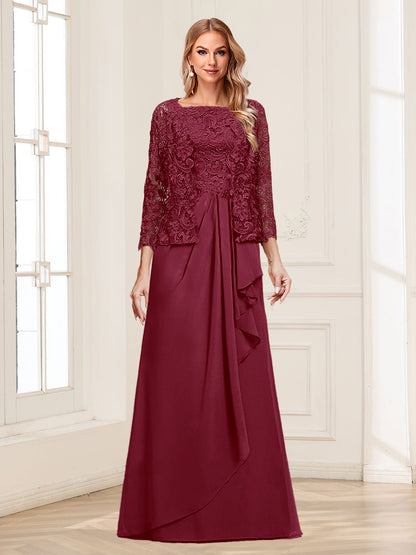 Robe Mère de la Mariée 2 Pièces en Mousseline de Soie et Dentelle, Col Carré, Manches 3/4 avec Appliques et Veste