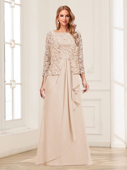 Robe Mère de la Mariée 2 Pièces en Mousseline de Soie et Dentelle, Col Carré, Manches 3/4 avec Appliques et Veste