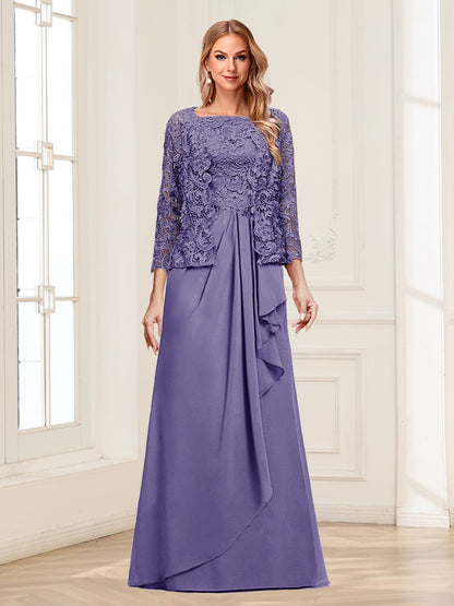 Robe Mère de la Mariée 2 Pièces en Mousseline de Soie et Dentelle, Col Carré, Manches 3/4 avec Appliques et Veste