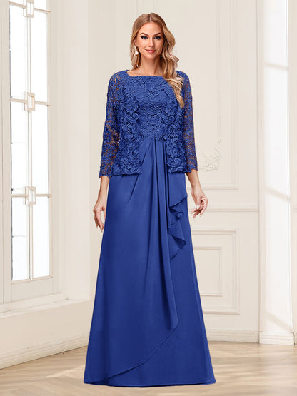 Robe Mère de la Mariée 2 Pièces en Mousseline de Soie et Dentelle, Col Carré, Manches 3/4 avec Appliques et Veste