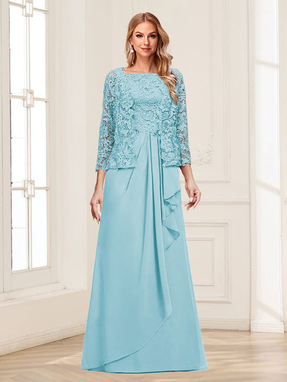 Robe Mère de la Mariée 2 Pièces en Mousseline de Soie et Dentelle, Col Carré, Manches 3/4 avec Appliques et Veste