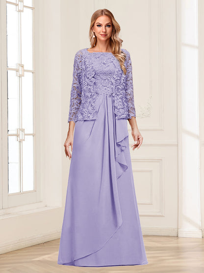 Robe Mère de la Mariée 2 Pièces en Mousseline de Soie et Dentelle, Col Carré, Manches 3/4 avec Appliques et Veste