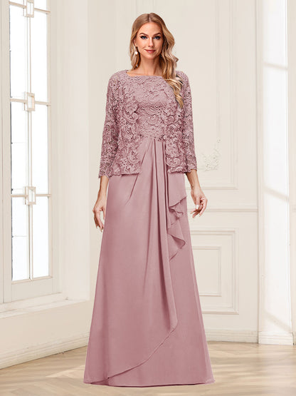 Robe Mère de la Mariée 2 Pièces en Mousseline de Soie et Dentelle, Col Carré, Manches 3/4 avec Appliques et Veste