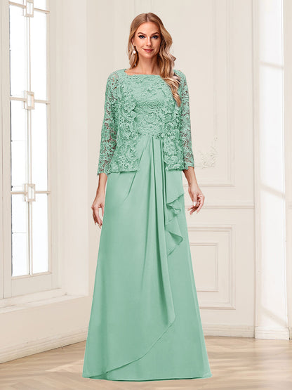 Robe Mère de la Mariée 2 Pièces en Mousseline de Soie et Dentelle, Col Carré, Manches 3/4 avec Appliques et Veste