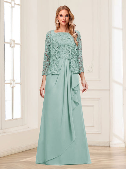 Robe Mère de la Mariée 2 Pièces en Mousseline de Soie et Dentelle, Col Carré, Manches 3/4 avec Appliques et Veste