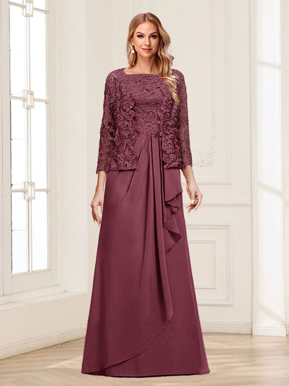 Robe Mère de la Mariée 2 Pièces en Mousseline de Soie et Dentelle, Col Carré, Manches 3/4 avec Appliques et Veste