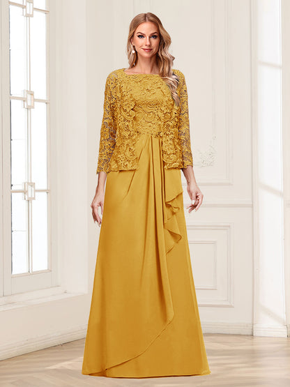 Robe Mère de la Mariée 2 Pièces en Mousseline de Soie et Dentelle, Col Carré, Manches 3/4 avec Appliques et Veste