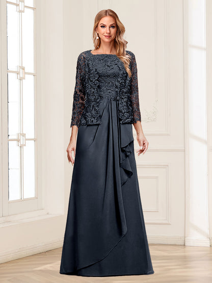 Robe Mère de la Mariée 2 Pièces en Mousseline de Soie et Dentelle, Col Carré, Manches 3/4 avec Appliques et Veste