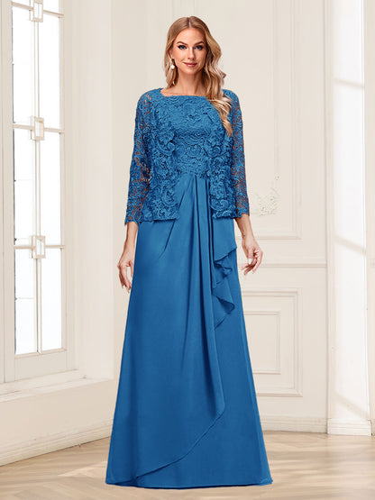 Robe Mère de la Mariée 2 Pièces en Mousseline de Soie et Dentelle, Col Carré, Manches 3/4 avec Appliques et Veste