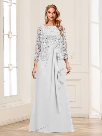 Robe Mère de la Mariée 2 Pièces en Mousseline de Soie et Dentelle, Col Carré, Manches 3/4 avec Appliques et Veste
