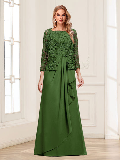 Robe Mère de la Mariée 2 Pièces en Mousseline de Soie et Dentelle, Col Carré, Manches 3/4 avec Appliques et Veste