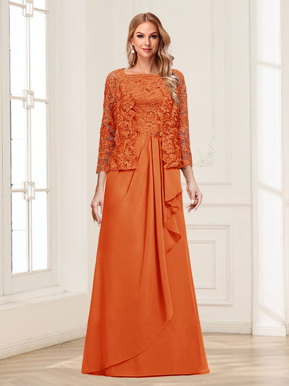 Robe Mère de la Mariée 2 Pièces en Mousseline de Soie et Dentelle, Col Carré, Manches 3/4 avec Appliques et Veste