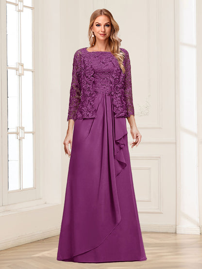 Robe Mère de la Mariée 2 Pièces en Mousseline de Soie et Dentelle, Col Carré, Manches 3/4 avec Appliques et Veste