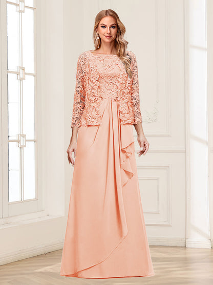 Robe Mère de la Mariée 2 Pièces en Mousseline de Soie et Dentelle, Col Carré, Manches 3/4 avec Appliques et Veste